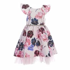 Promo 🌟 Rare Editions Little 👧 Girls 2T-6X Flutter-Sleeve Foiled-Floral Mikado Fit-And-Flare 👗 Dress Mauve 🌟