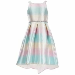 Deals 🧨 Rare Editions Big 👧 Girls 7-16 Sleeveless Ombre Metallic Jacquard Jeweled Waist Pleated High-Low 👗 Dress Pink Multi ❤️