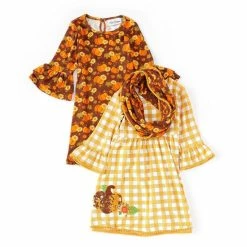 Cheapest ⌛ Rare Editions Little 👧 Girls 2T-6X Pumpkin-Printed Shift 👗 Dress, Checked A-Line 👗 Dress & Coordinating Scarf Set Brown ⭐