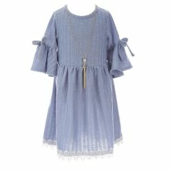 Promo 🎉 Rare Editions Little 👧 Girls 4-6X Bell-Sleeve Textured-Rib-Knit Fit-And-Flare 👗 Dress & Coordinating Necklace Blue 😍