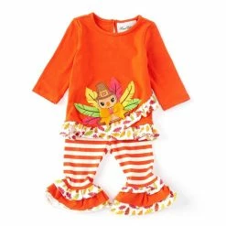 Buy 🔥 Rare Editions Baby 👧 Girls 3-24 Months Three Tier Ruffle 3/4 Sleeve Turkey Top & Stripe Print Leggings 2-Piece Set Rust 🌟