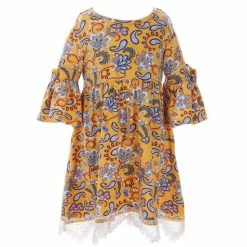 Flash Sale ❤️ Rare Editions Little 👧 Girls 4-6X Bell-Sleeve Floral Paisley Printed Lace Trimmed Babydoll 👗 Dress & Necklace Set Mustard 🤩