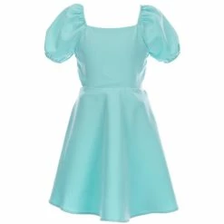 Wholesale ⌛ Rare Editions Big 👧 Girls 7-16 Puffed-Sleeve Side-Cutout Smocked Tie Back Fit-And-Flare 👗 Dress Aqua 🔥