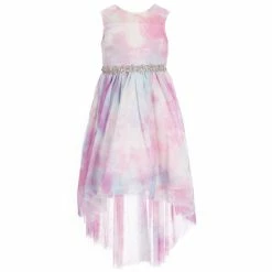 Best deal 🎉 Rare Editions Little 👧 Girls 2T-6X Sleeveless Illusion Yoke Jeweled Waistline Tie-Dye Mesh High-Low 👗 Dress Lilac 🧨