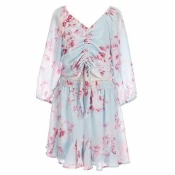 Best Pirce ✔️ Rare Editions Big 👧 Girls 7-16 Long-Sleeve Floral-Printed Cinched-Front Top & Matching 👗 Skirt Set Light Blue 🔔