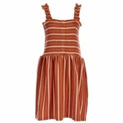 Best Sale 🔔 Rare Editions Big 👧 Girls 7-16 Horizontal To Vertical-Stripe Smocked Rib-Knit 👗 Dress Rust 🧨