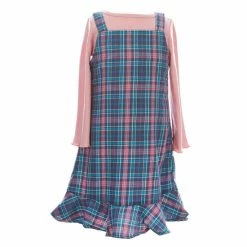 Outlet ❤️ Rare Editions Little 👧 Girls 2T-6X Plaid Jumper 👗 Dress & Long-Sleeve Solid Tee 2-Piece Set Green ⭐