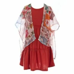 Deals ✨ Rare Editions Little 👧 Girls 4-6X Printed Short Sleeve Kimono & Rib-Knit Tiered 👗 Dress 2-Piece Set Rust 🤩